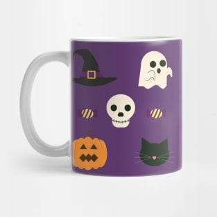 Cute Halloween Design with Ghost, Pumpkin, Skull, Cat, and Witch Hat Mug